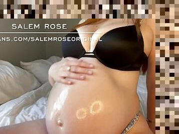 Pregnant belly showoff with oiled ass and hairy pussy