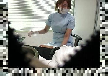 Gorgeous asian nurse gets talked into slurping on a fat pecker
