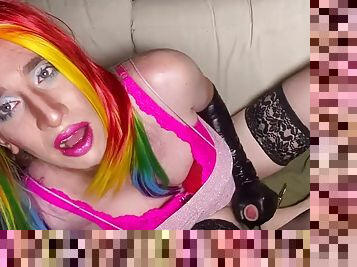 Sissy with rainbow hair jerks off and eats cum