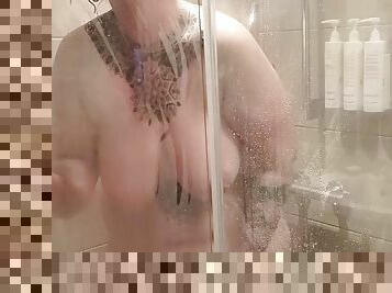 Tall BBW MILF cums in shower using shower