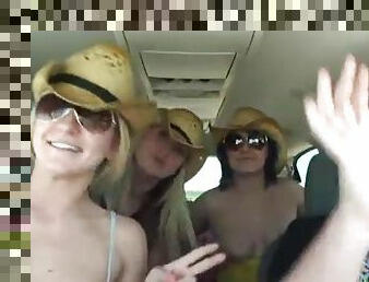 Cowgirl chicks showing off bodies in car