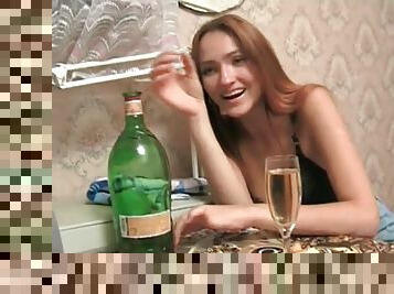 Drunk young Russian beauty in black bra