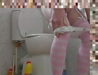 pisser, gay, bas, culotte, chienne, toilette, solo, en-nylon