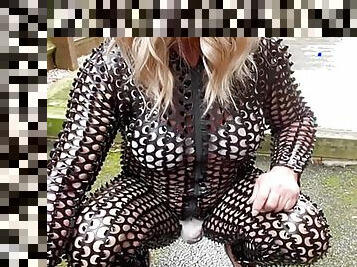 Amateur Crossdresser Kellycd2022 sexy milf in pvc catsuit and heels peeing in her panties  outdoors sissy masturbation 