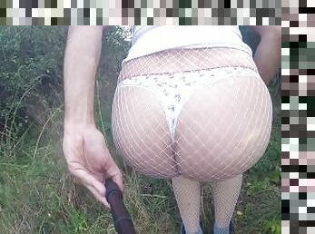 Public flashing in fishnet pantyhose