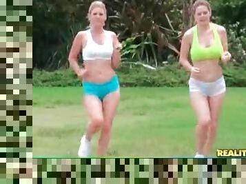 Sporty milfs with big tits strip outdoors