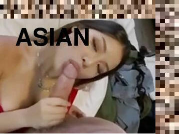 Asian with big tits gives blowjob and missionary position