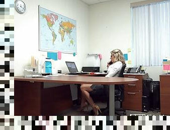 Sexy blond secretary gets a cock blowing raise