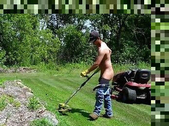 Fit Twink does yardwork with his cock and ass exposed!!!