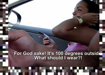 Slutty hitchhiker gets viciously banged in the open