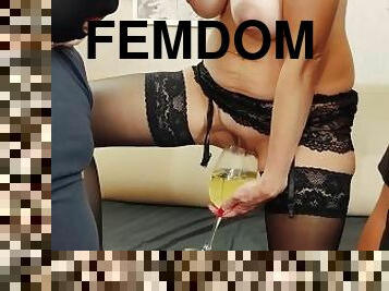 Femdom wife pisses and lets sex slaves drink her piss. Ep 4200