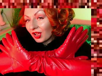 FUR and long red leather gloves ASMR close-up video with Arya