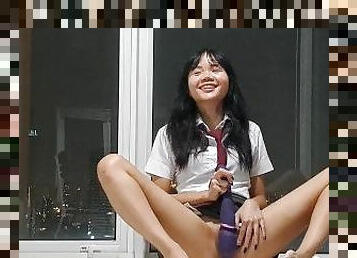 Cute 18yo Asian schoolgirl squirts 6 times while using a vibrator - Real Sex with Baebi Hel