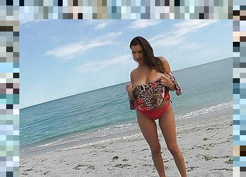 gros-nichons, masturbation, en-plein-air, chatte-pussy, plage, doigtage, solo, brunette