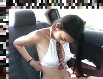 Horny college girl touches herself in the car