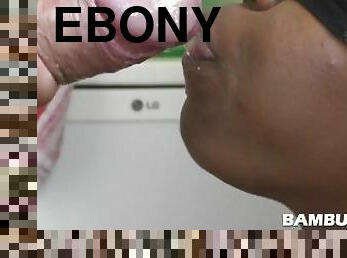 Ebony gredy mouth pumping big white cock and swallowing cum