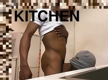 Horny boys doing foreplay in the kitchen, alone at home