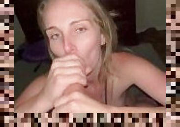 Sexy blonde MILF gives sloppy blowjob and takes mouthful of cum