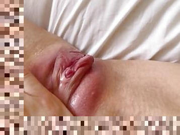 POV swollen wet pussy masturbation. Girl rubs erect clit till finally cums hard
