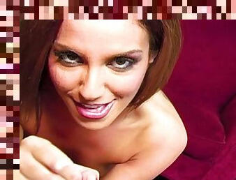 Adrianna Deville swallows cum out of a shotglass in this POV handjob ManoJob Classic sex movie