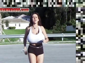 Jogger with huge bouncing boobs