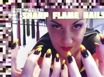 Sharp Flame Nails - Lady Bellatrix tempts your fingernail fetish in latex