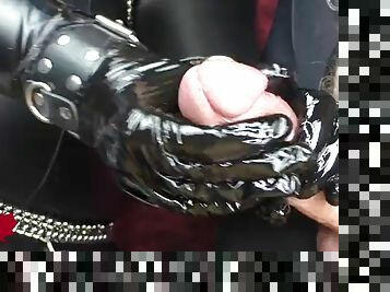 Close-up of multiple spoiled handjob with latex gloves peehole penetration and potty