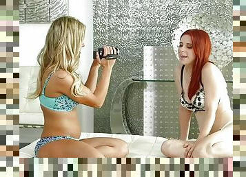 Redhead lesbian milf rubs girlfriends after eating pierced pussy