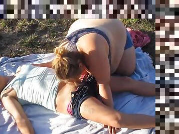 Wife sucking Shemales hard cock in a nude campsite