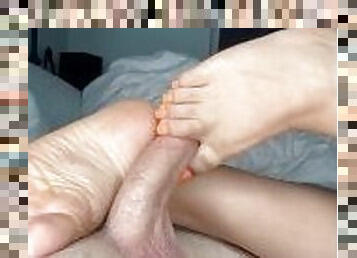 Orange nails toejob and footjob side view