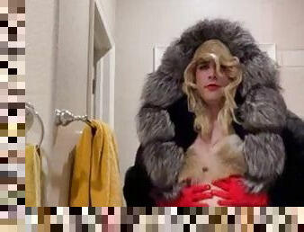 Trans furry slut Crystal plays with her fox fur coat