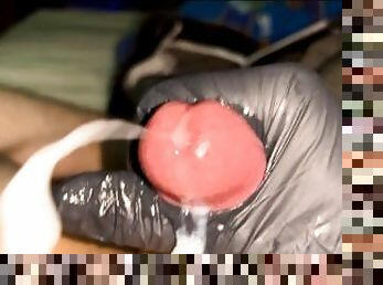 Handjob with black latex glove