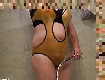 Fake Boobs E-Cup: Wet sheer swimsuit over big strapon tits. Shaved Crossdresser Tobi00815 (050)