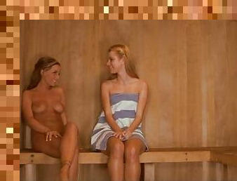 Slim hotties in sauna get it on