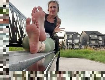 Milf Shows Off Her Soft Sweaty Feet at a Public Park