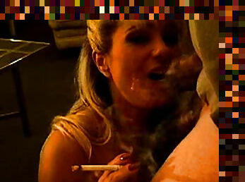 Smoking girl sucks dick and gets facial