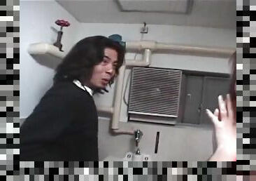 Asian slut blows him lustily in the bathroom