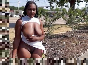 Ebony in white masturbating and flashing as people go by