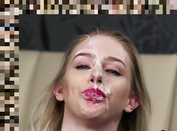 Peculiar Model Gets Sperm Load On Her Face Swallowing A