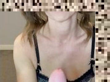 Petite amateur milf with pig tails sucks and edges cock then takes huge facial. TEASER CENSORED