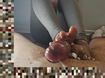 Petite ebony teen lets me fuck her feet till i cum