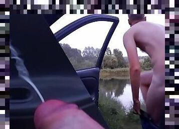 Straight guy in boxers bathes in the river and then cums powerfully