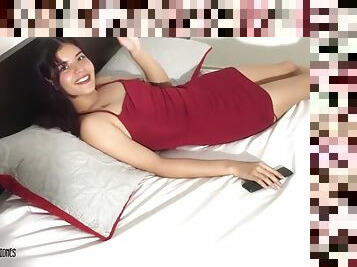 Latina in red dress gets fucked hard on the bed