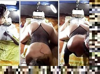 Black bodysuit exhibitionism in doggystyle position