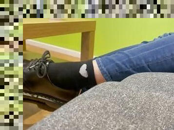 I remove my shoes to reveal my cum stained black socks