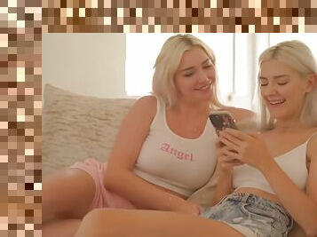Two Gentle Blondes Staged Lesbian Games On The Sofa With Skye Blue And Eva Elfie