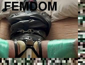 Latex Femdom Bondage Slave Teased and Cums in Straitjacket and Diaper-Full Custom