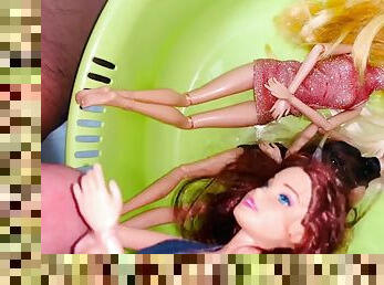 Small penis cums and pisses on Barbie dolls - Golden shower on dolls