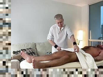 Hairy daddy gets hard during a massage with a new masseuse