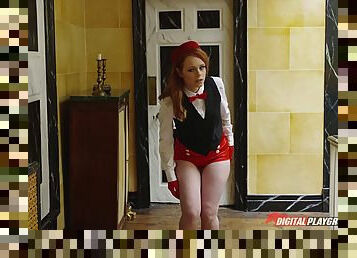 Slutty redheaded bellhop joins a couple at the hotel for great sex